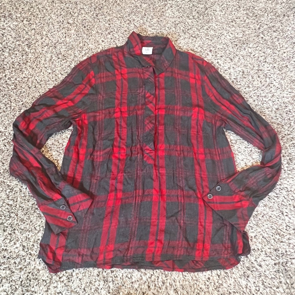 Cabi Red Charcoal Grey Plaid Hidden Button Front Long Sleeve Blouse Women Medium